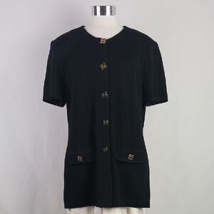 St. John Vtg. Black Short Sleeve Cardigan with Gold Buttons.
